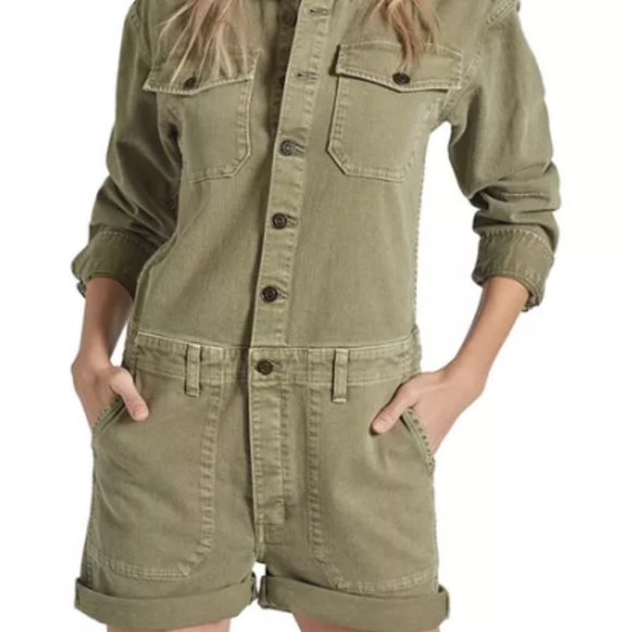 Current/Elliott Denim Crew Button Front Romper Military Green Size 2 6-8US - Picture 5 of 8